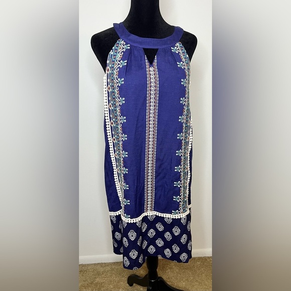 Women's THML Navy Blue Embroidered Halter Shift Dress boho resort wear Small EUC - Picture 1 of 9